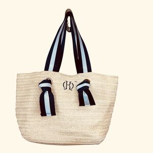 Mark & Graham Cream Straw Tote Blue/White Striped Handles Monogrammed Letter K